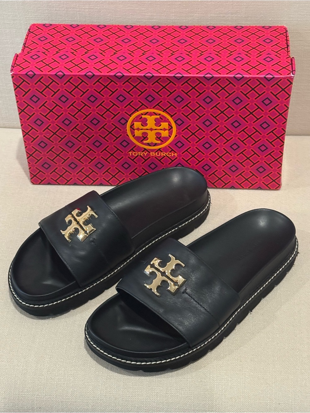 Tory Burch Black Leather Slide Sandals with Gold Logo Emblem - Picture 3 of 4